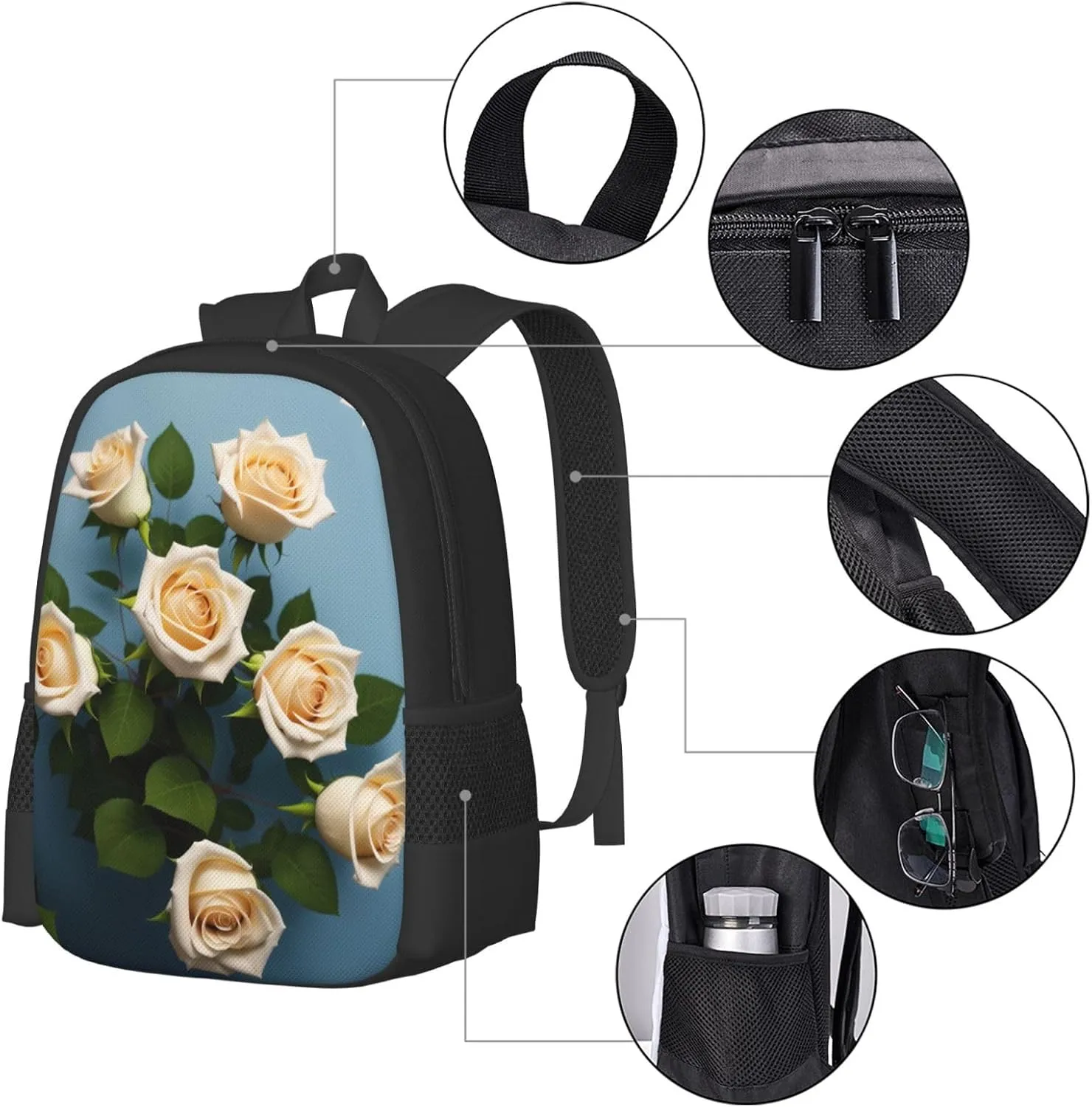White Roses Backpack Lightweight Simple Casual Backpack Shoulder Bags Large Capacity Laptop Backpack