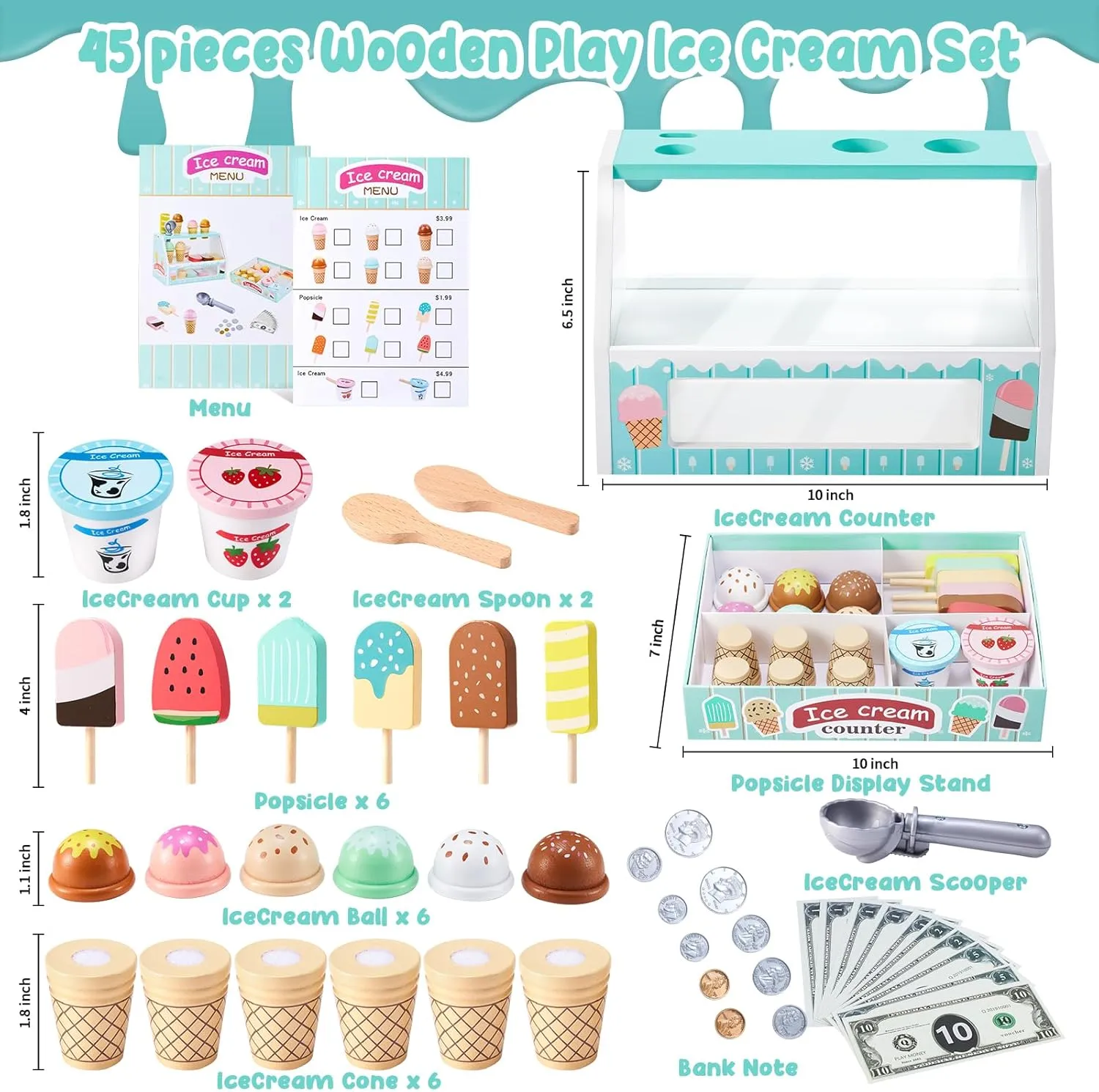 WHOHOLL Wooden Ice Cream Counter Playset for Toddler Girl Toys, Play Store Pretend Toy Food Play Kitchen Accessories with Fake Money & Coin, Gifts for 3  Year Old Kids (Green)