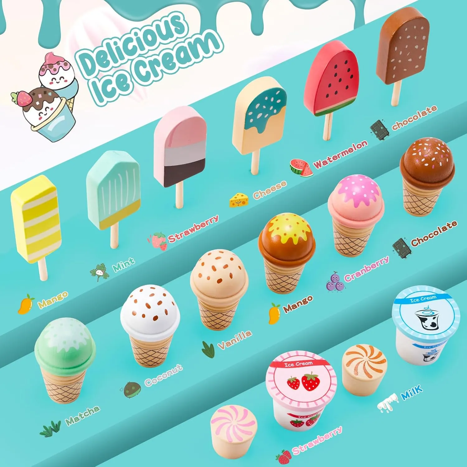 WHOHOLL Wooden Ice Cream Counter Playset for Toddler Girl Toys, Play Store Pretend Toy Food Play Kitchen Accessories with Fake Money & Coin, Gifts for 3  Year Old Kids (Green)