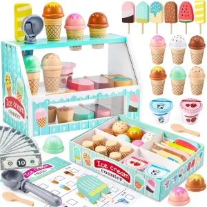 WHOHOLL Wooden Ice Cream Counter Playset for Toddler Girl Toys, Play Store Pretend Toy Food Play Kitchen Accessories with Fake Money & Coin, Gifts for 3  Year Old Kids (Green)