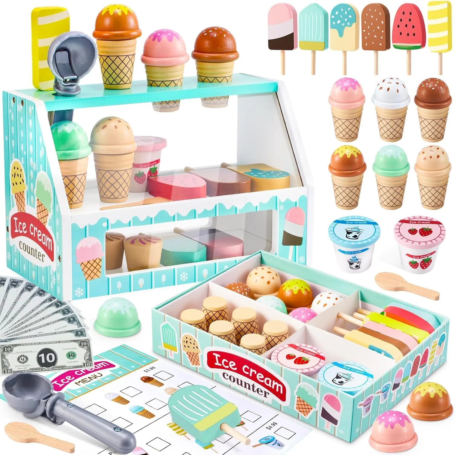 WHOHOLL Wooden Ice Cream Counter Playset for Toddler Girl Toys, Play Store Pretend Toy Food Play Kitchen Accessories with Fake Money & Coin, Gifts for 3  Year Old Kids (Green)
