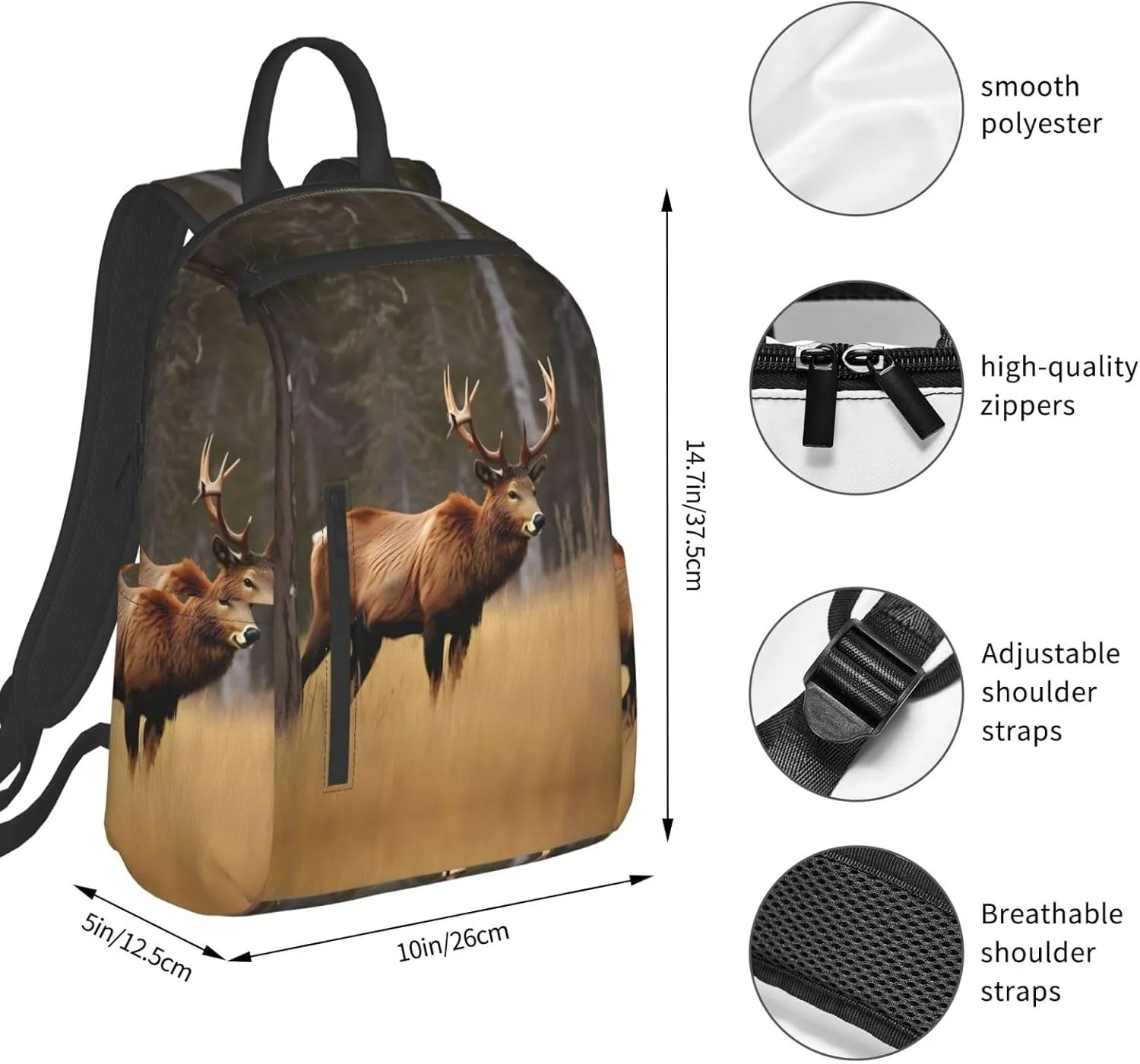 Wildlife Deer Bear Elk Print Lightweight Backpack, Travel Bookbag College Bag,Laptop Backpack For Men Women