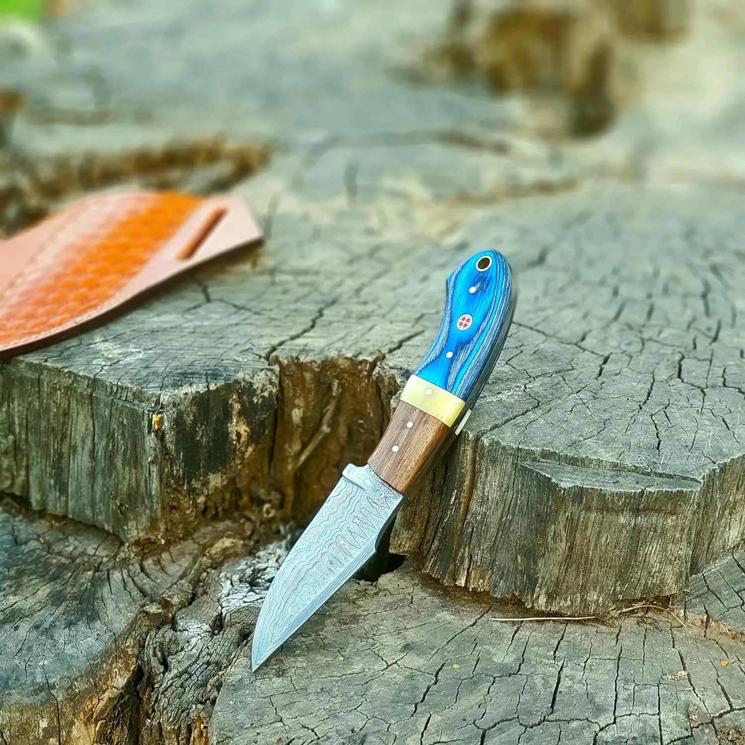 Wolf Cut Handmade Damascus Steel Hunting knife Fixed Blade knife, Bone & Rose Wood Handle Bull Cutter Knife, EDC Utility knife Cowboy Knife Damascus Steel Knife Bushcraft knife Skinning Knife with leather Sheath (Rose Blue black Wood)