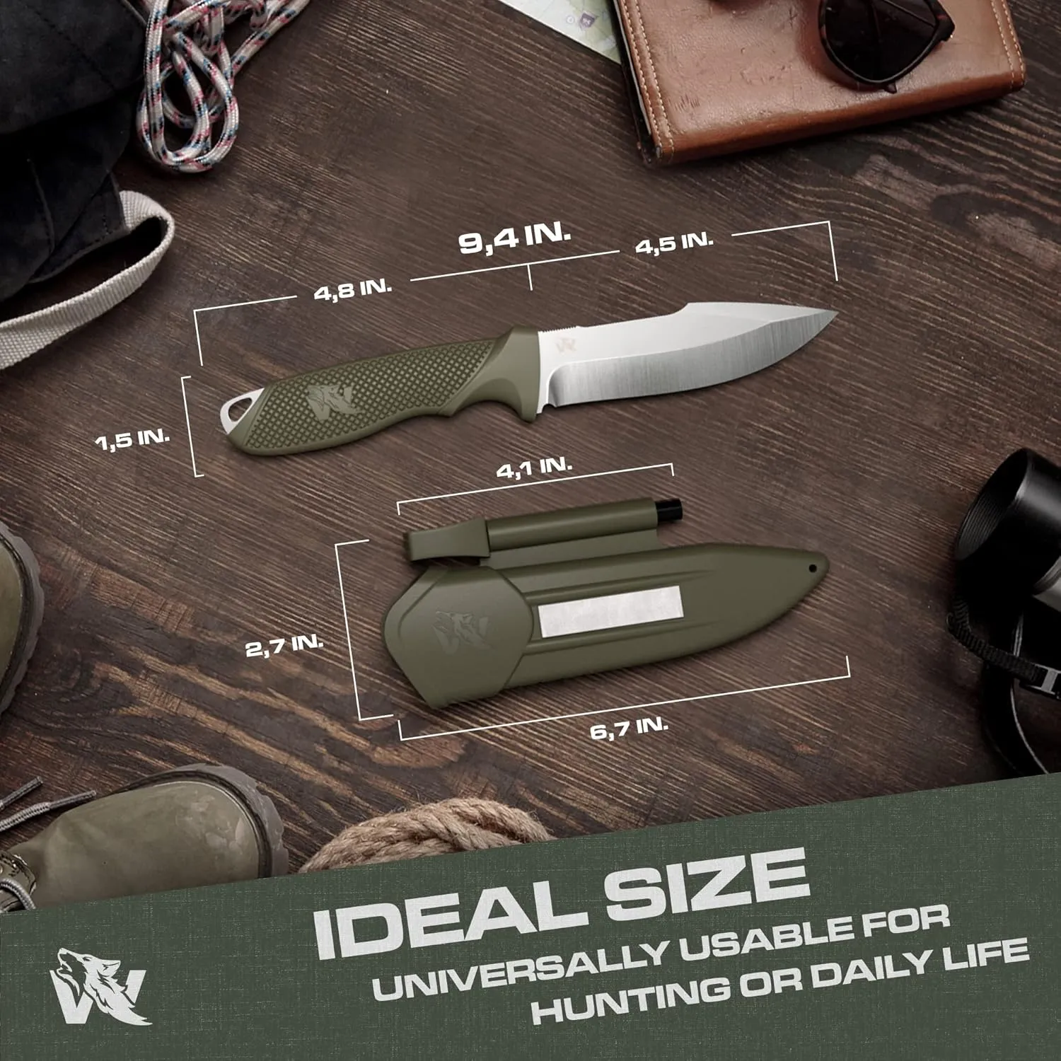 WOLF-III Full Tang Survival Knife with Fire Starter and Sheath - Tactical Fixed Blade - D2 Steel - Bushcraft and Camping - Belt Loop, Plug Lock & Multi Lok