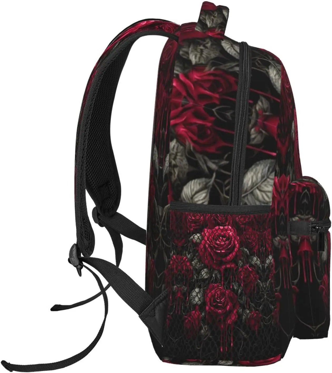 Women Men Polyester Blood Red Rose Art Casual Daypack Large Capacity Bookbag With Side Pockets for Sports Picnic Walking Cycling