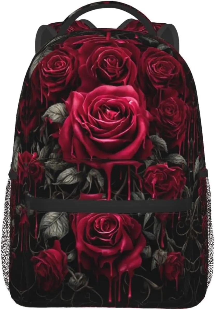 Women Men Polyester Blood Red Rose Art Casual Daypack Large Capacity Bookbag With Side Pockets for Sports Picnic Walking Cycling
