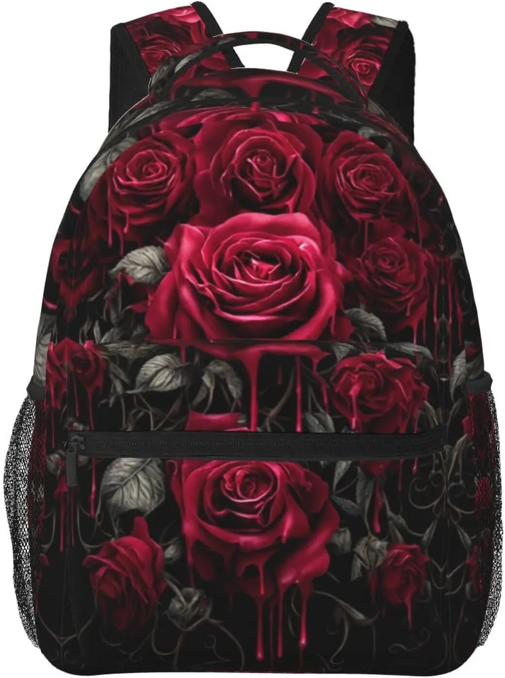 Women Men Polyester Blood Red Rose Art Casual Daypack Large Capacity Bookbag With Side Pockets for Sports Picnic Walking Cycling