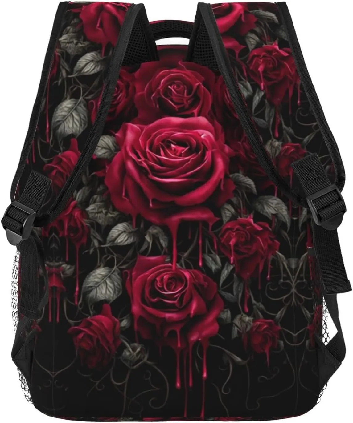 Women Men Polyester Blood Red Rose Art Casual Daypack Large Capacity Bookbag With Side Pockets for Sports Picnic Walking Cycling