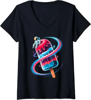 Womens Astronaut Space Ice Cream Planet Stars Galaxy V-Neck T-Shirt