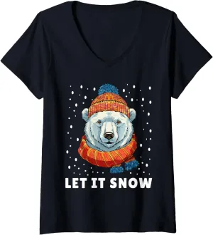 Womens Funny Polar Bear Tee Winter Christmas Ice Bear Let It Snow V-Neck T-Shirt