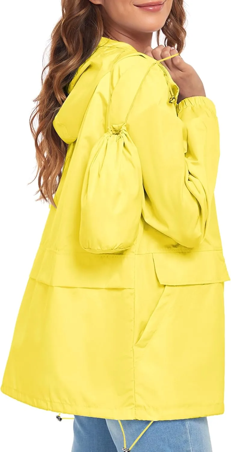 Women's Lightweight Raincoat Waterproof Packable Outdoor Windproof Hooded Active Rain Jacket S-XXL