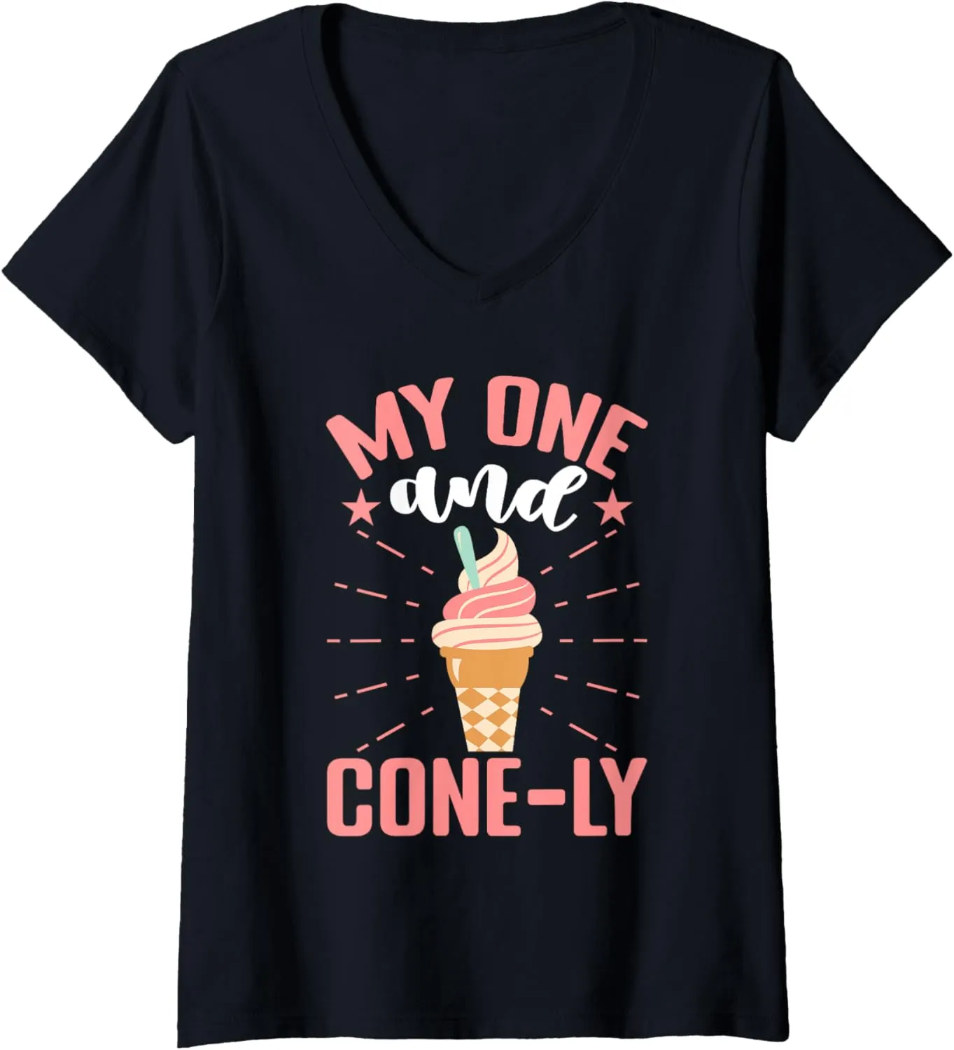 Womens My One And Cone-ly Ice Cream Cone V-Neck T-Shirt