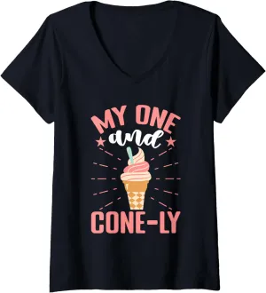 Womens My One And Cone-ly Ice Cream Cone V-Neck T-Shirt
