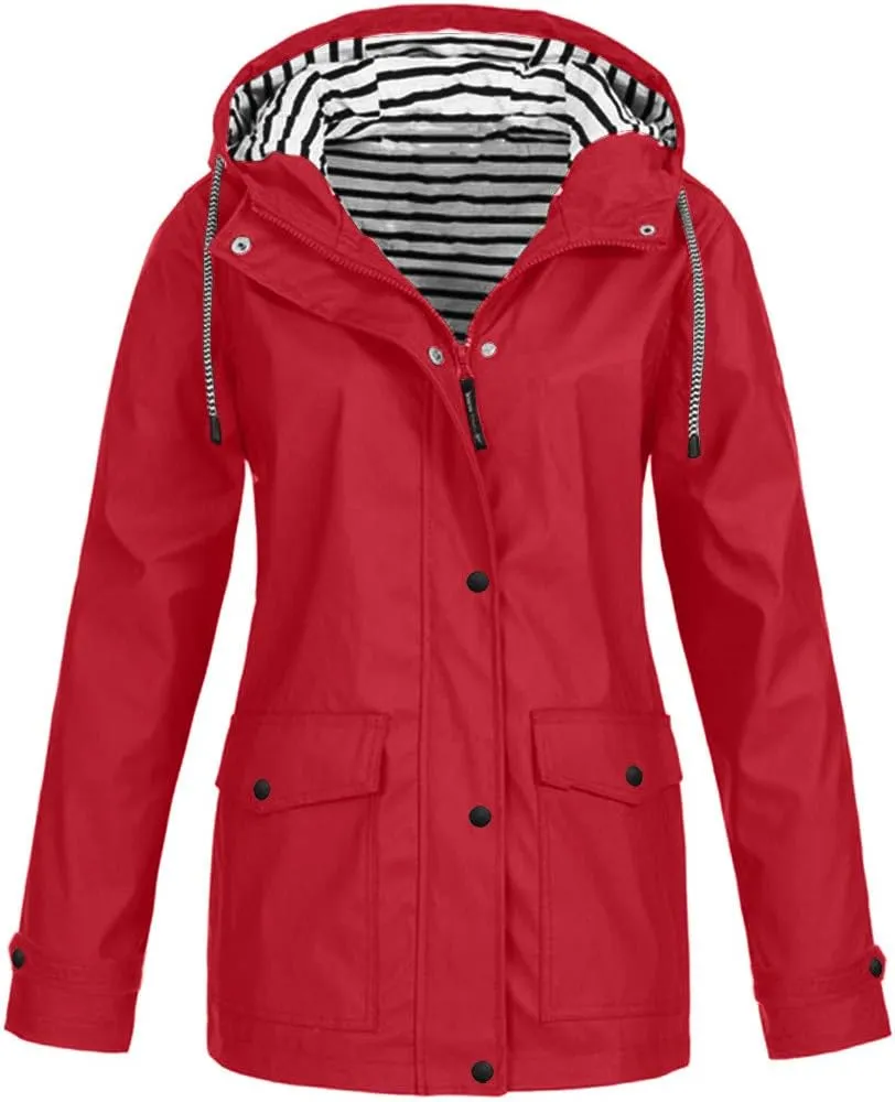 Women's Raincoats Windbreaker Rain Jacket Waterproof Lightweight Outdoor Hooded Trench Coats