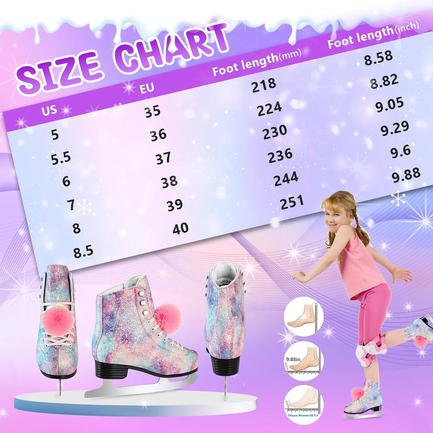 Women's/Girls Figure Ice Skates - Youth Figure Skating Shoes with Size Expansion - Comfortable, Durable, and Safe Indoor Outdoor Size 5 6 7 8 9 10