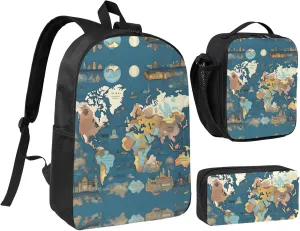 World Map pattern print 3 Piece Backpack Bags with Lunch Box Pencil Case Set for Travel Work Camping Unisex