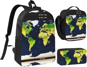 World Map print 3 Piece Backpack Bags with Lunch Box Pencil Case Set for Travel Work Camping Unisex