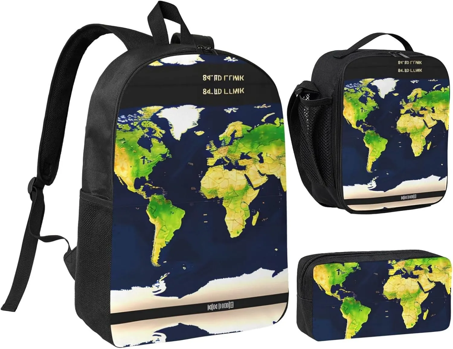 World Map print 3 Piece Backpack Bags with Lunch Box Pencil Case Set for Travel Work Camping Unisex