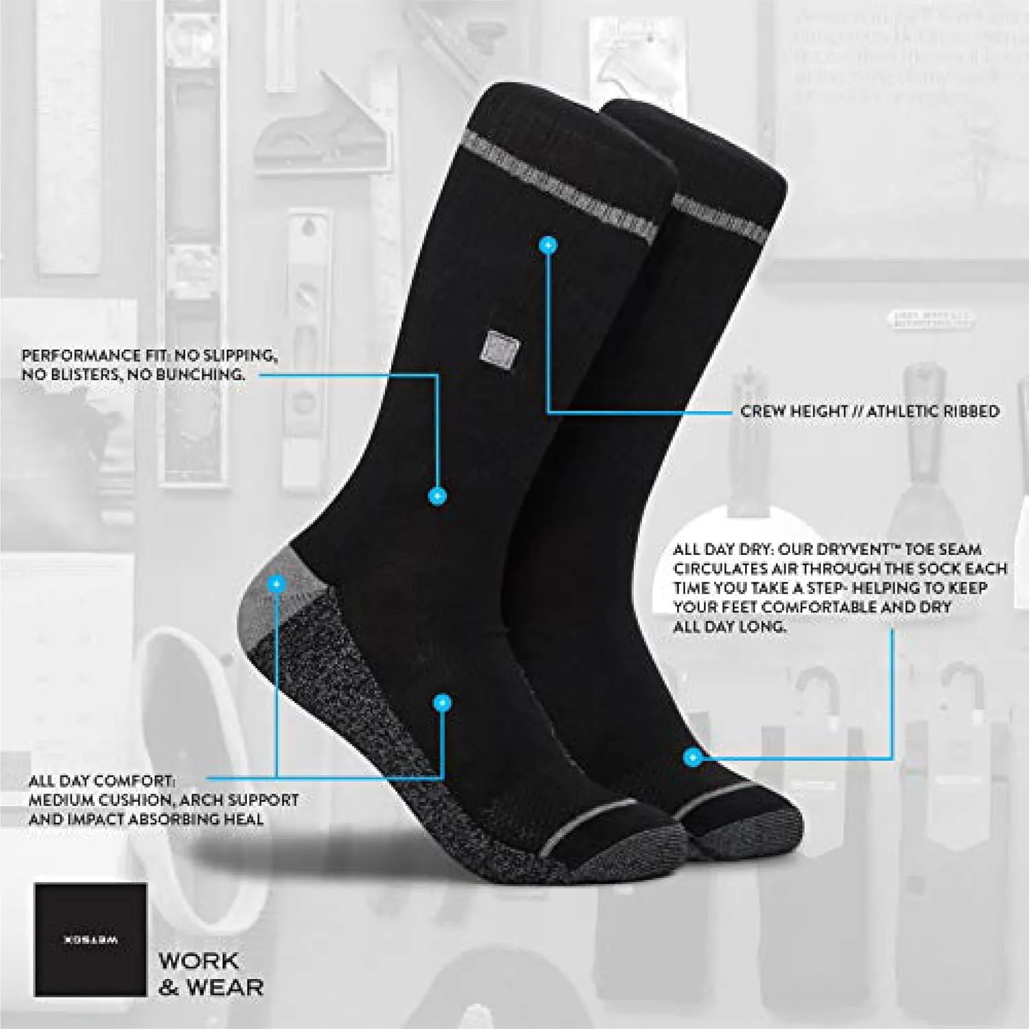 WSX Work & Wear True Fit Impact Cushion Sock | Moisture-Wicking Breathable 360° Support | Comfortable Socks for Men & Women