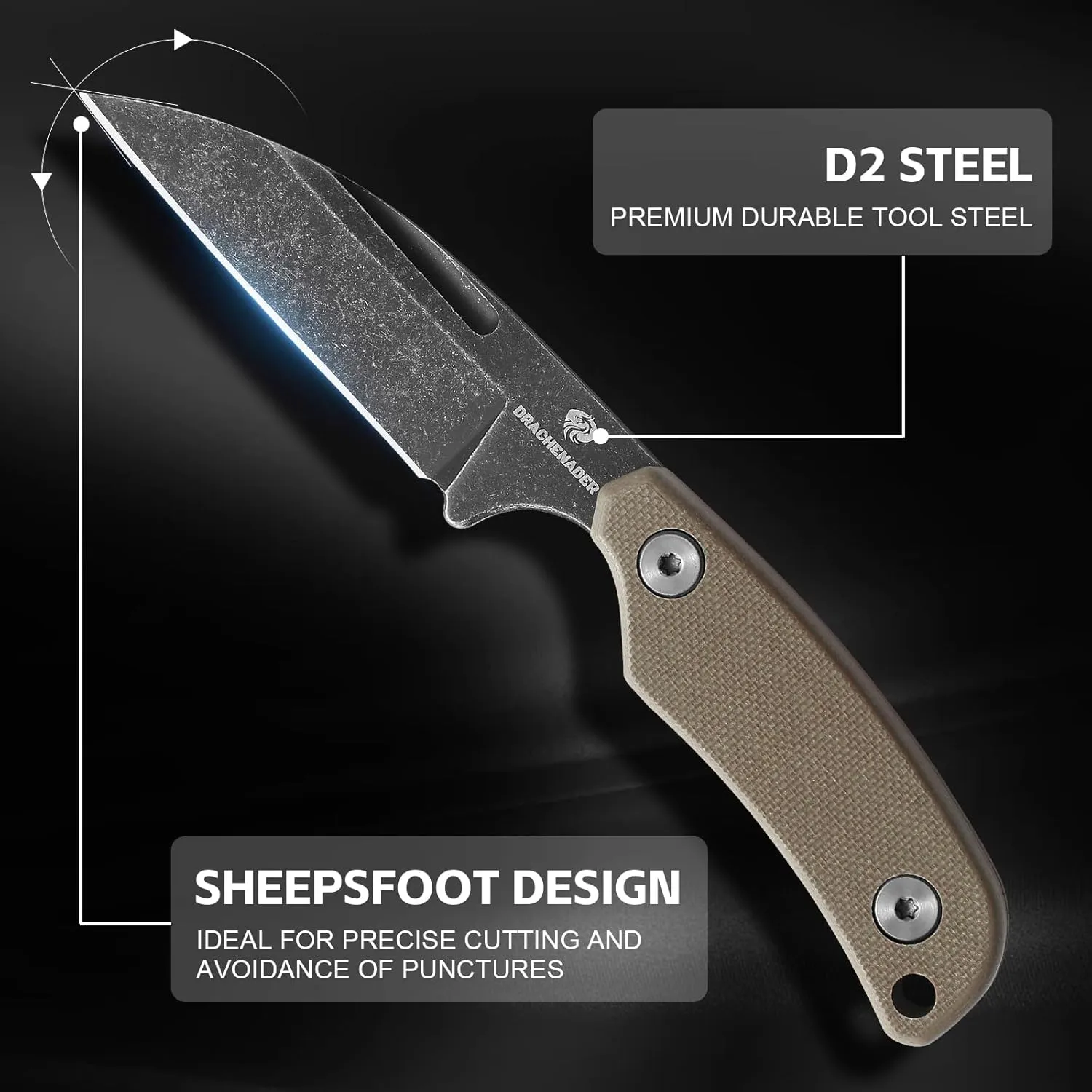 X-YTT Neck Knife with Sheath, 5.79" D2 Stonewashed Sheepsfoot Blade Fixed Blade Knife with Belt Clip, Lightweight Tactical Knife with G10 Khaki Handle, Outdoor, Camping, Hiking