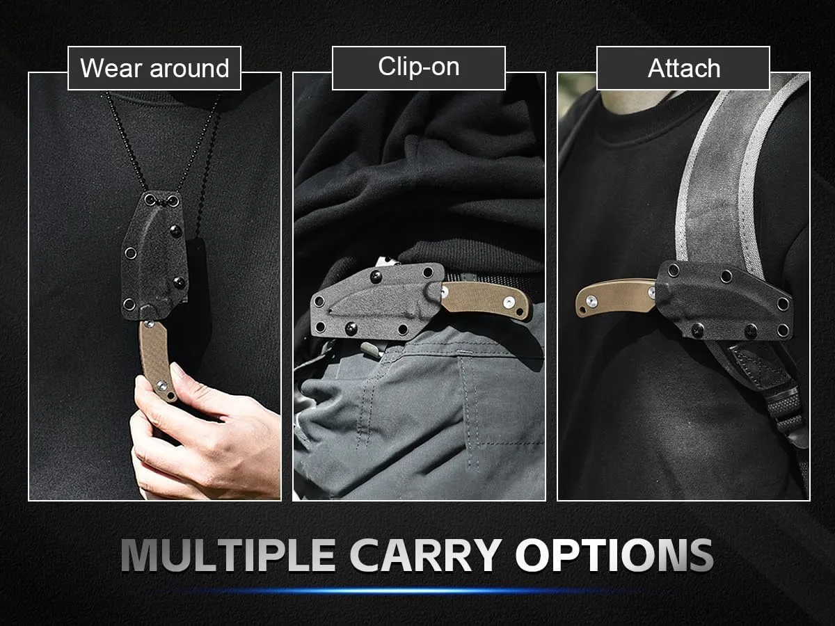 X-YTT Neck Knife with Sheath, 5.79" D2 Stonewashed Sheepsfoot Blade Fixed Blade Knife with Belt Clip, Lightweight Tactical Knife with G10 Khaki Handle, Outdoor, Camping, Hiking
