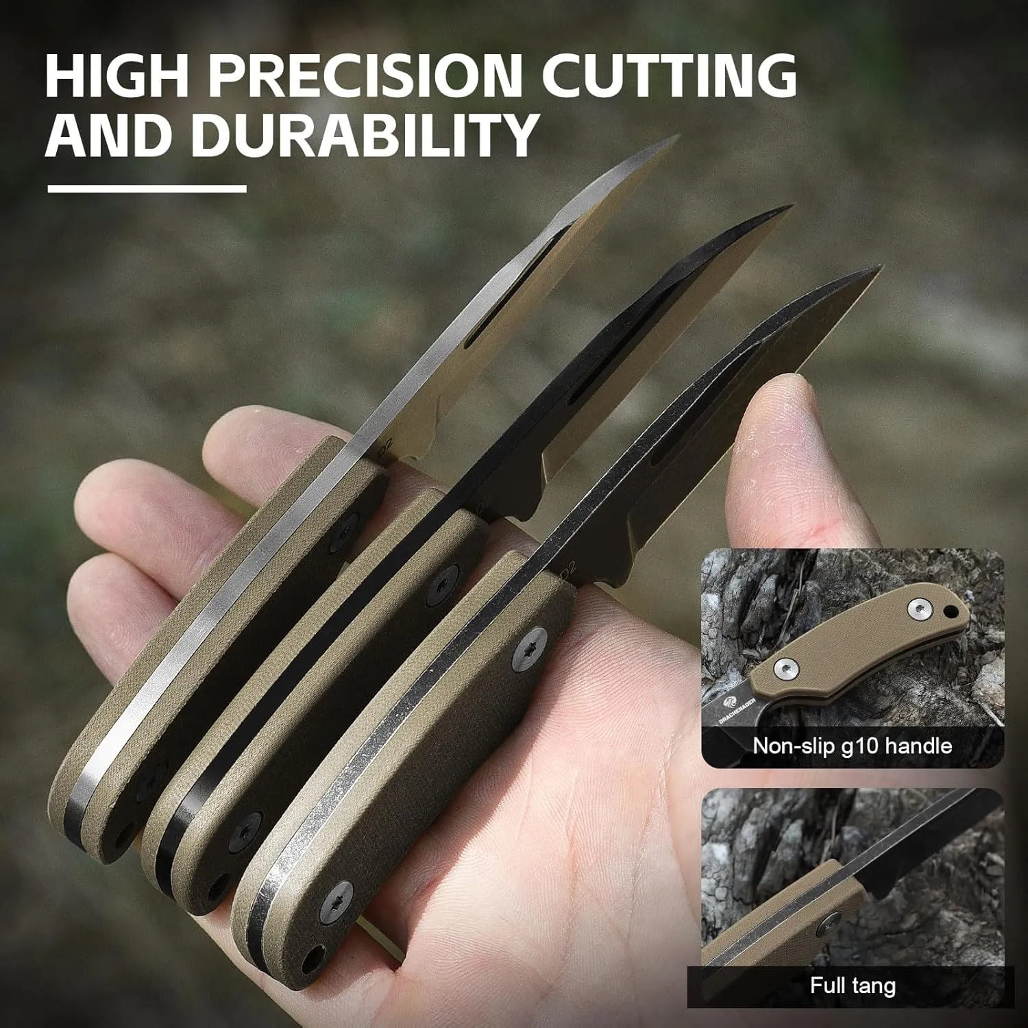 X-YTT Neck Knife with Sheath, 5.79" D2 Stonewashed Sheepsfoot Blade Fixed Blade Knife with Belt Clip, Lightweight Tactical Knife with G10 Khaki Handle, Outdoor, Camping, Hiking