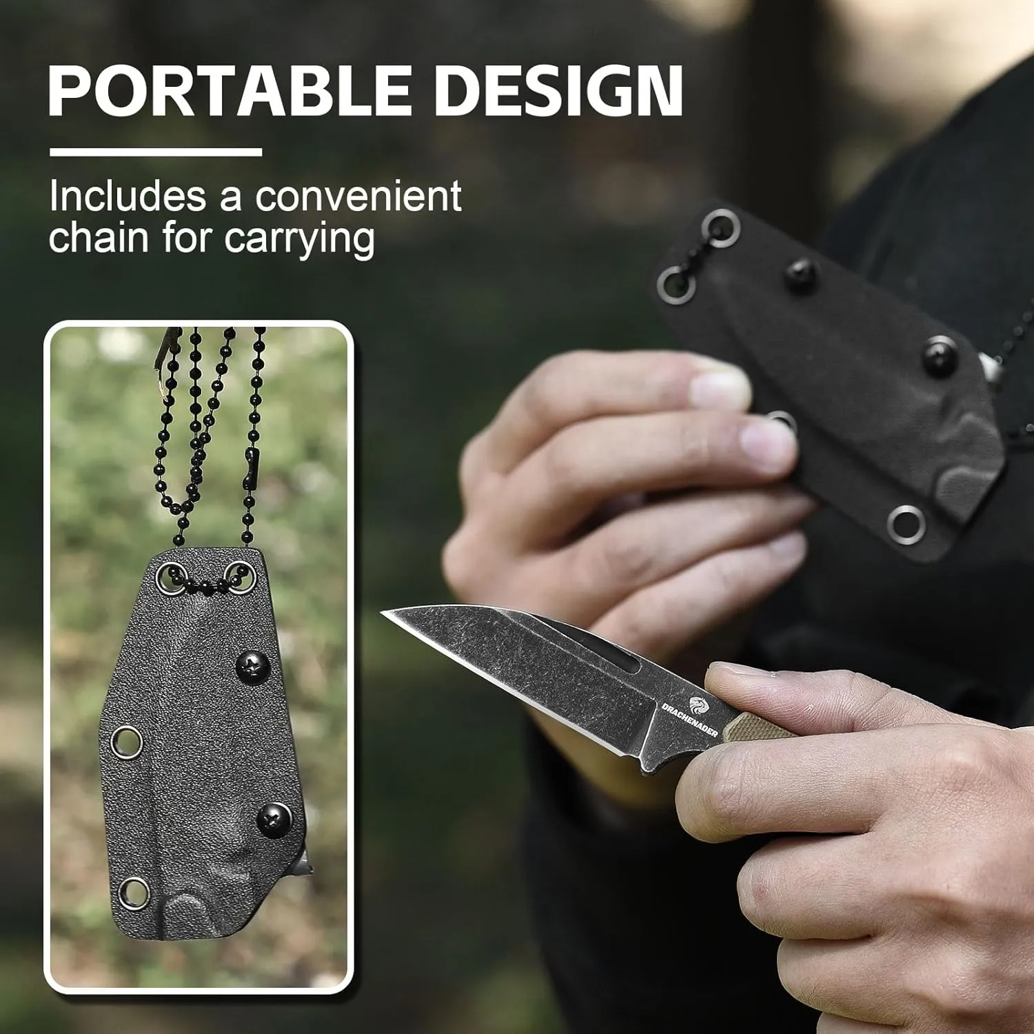 X-YTT Neck Knife with Sheath, 5.79" D2 Stonewashed Sheepsfoot Blade Fixed Blade Knife with Belt Clip, Lightweight Tactical Knife with G10 Khaki Handle, Outdoor, Camping, Hiking