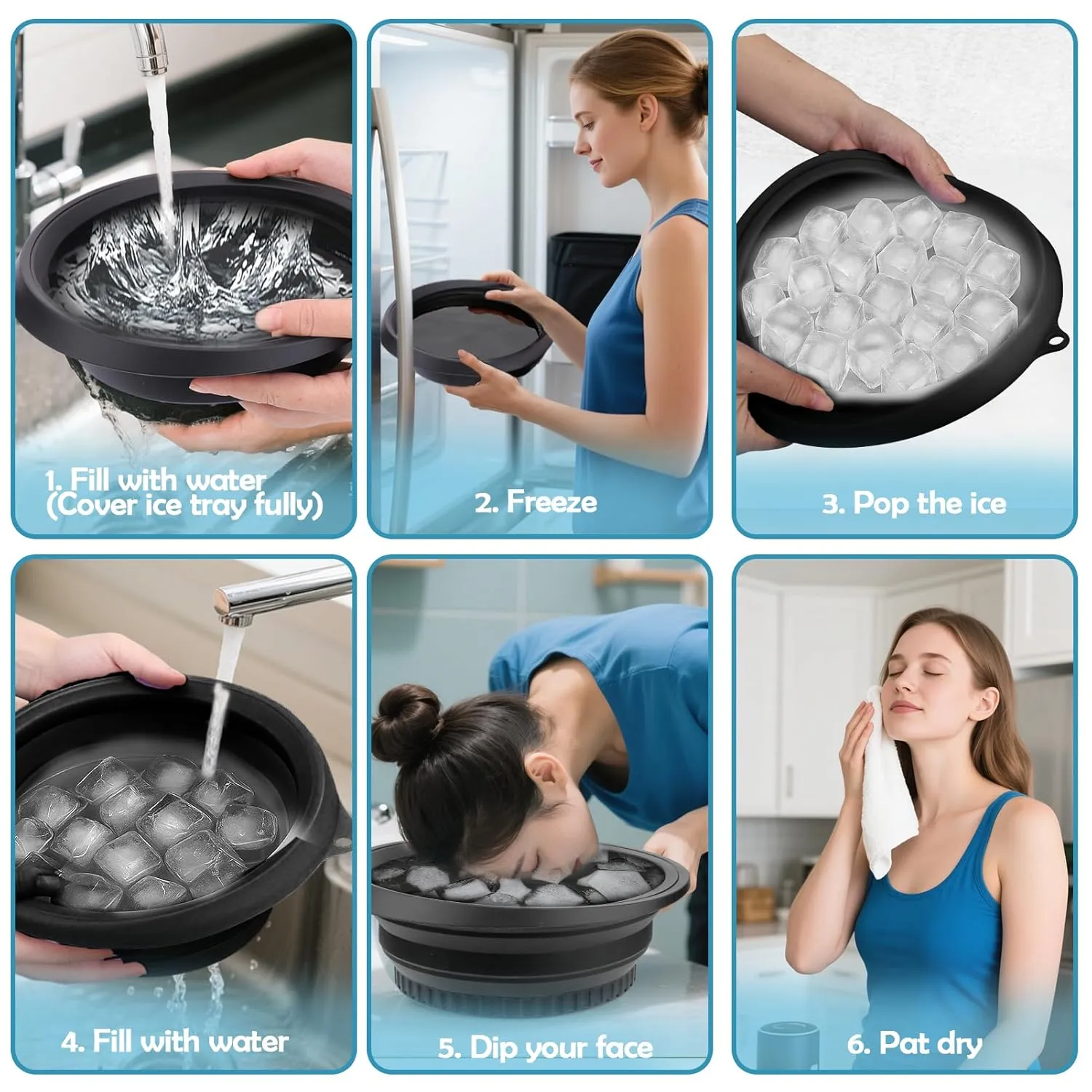 XANGNIER Face Bowl for Ice with Built-In Ice Tray – Collapsible Silicone Facial Ice Bath Bowl for Cold Plunge Therapy, Skin Tightening & Acne Relief – Black Portable Spa Tool for Home & Travel