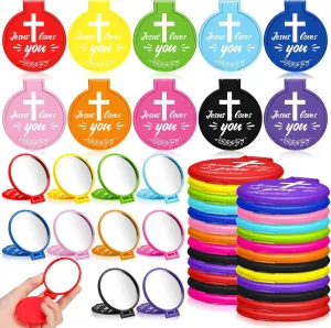 Yerliker 80 Pcs Christian Gifts Inspirational Pocket Mirror Bulk Portable Jesus Loves You Makeup Mirror Bulk for Women Coworker Friends Employee Travel Gift