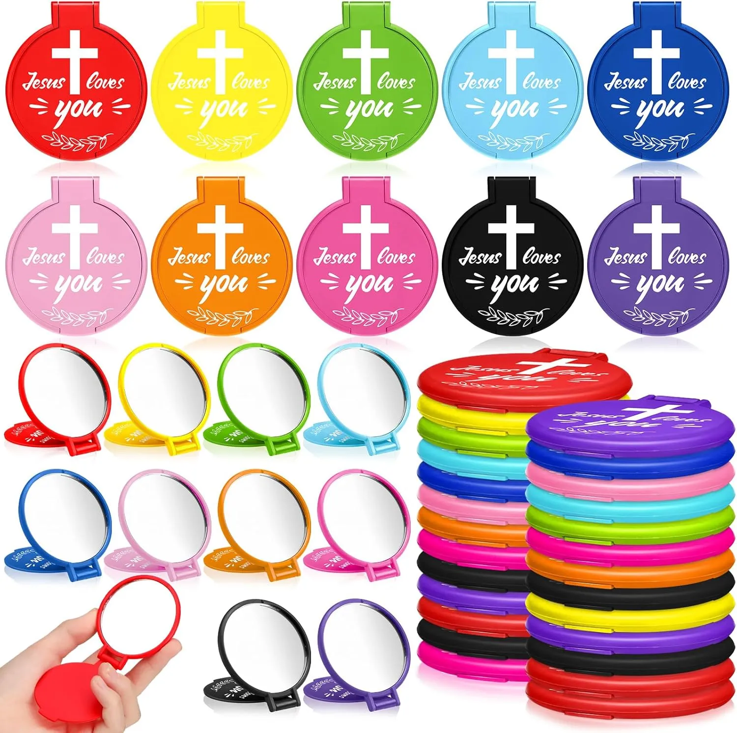 Yerliker 80 Pcs Christian Gifts Inspirational Pocket Mirror Bulk Portable Jesus Loves You Makeup Mirror Bulk for Women Coworker Friends Employee Travel Gift
