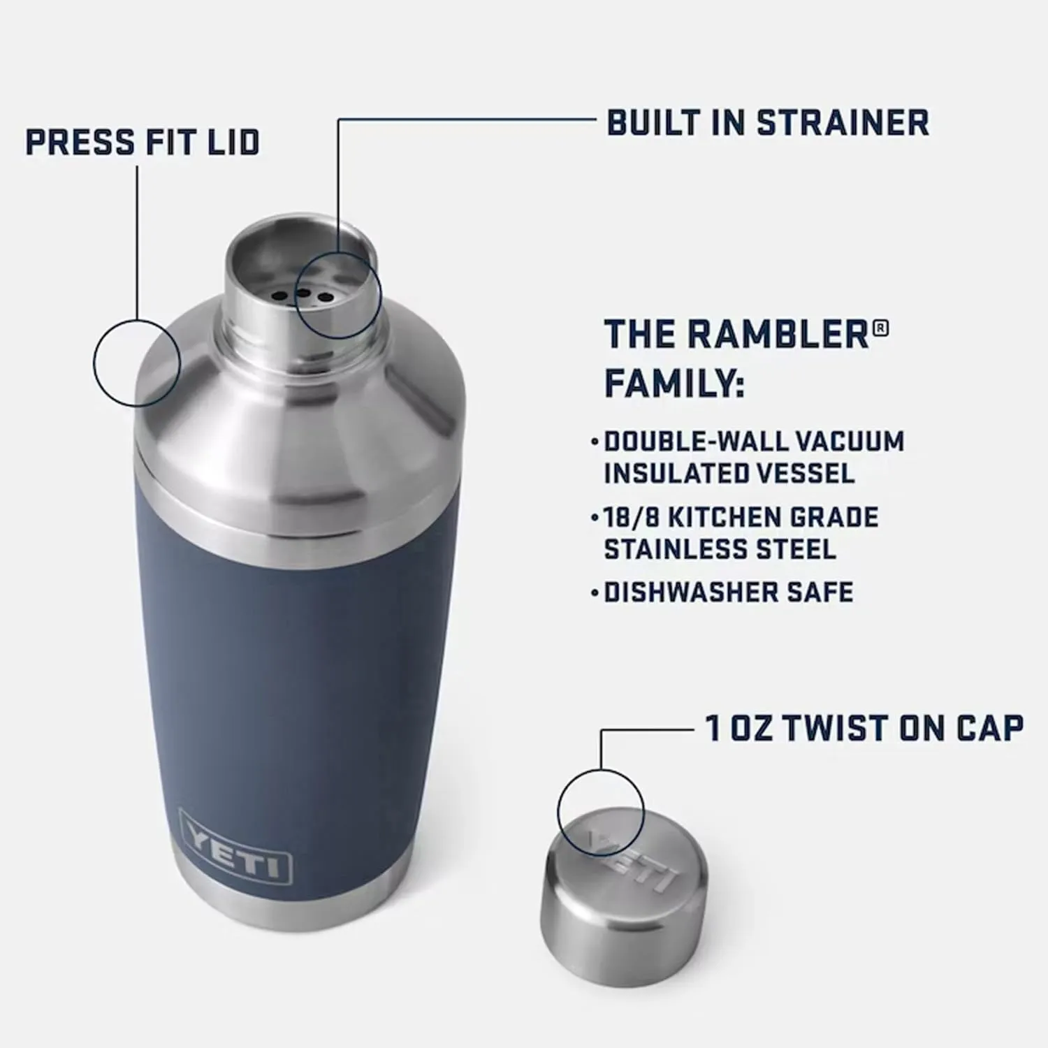 YETI Rambler 20 oz Cocktail Shaker, Stainless Steel, Vacuum Insulated, Big Sky Blue