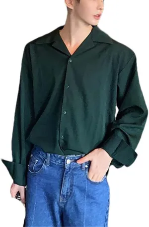Yeuyyben Ice Silk Drape Cuban Collar Shirt for Men Solid Color Long Sleeve Casual Loose Button Up White Shirt