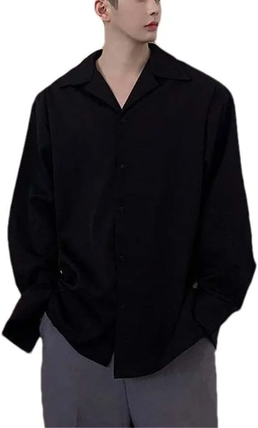 Yeuyyben Ice Silk Drape Cuban Collar Shirt for Men Solid Color Long Sleeve Casual Loose Button Up White Shirt