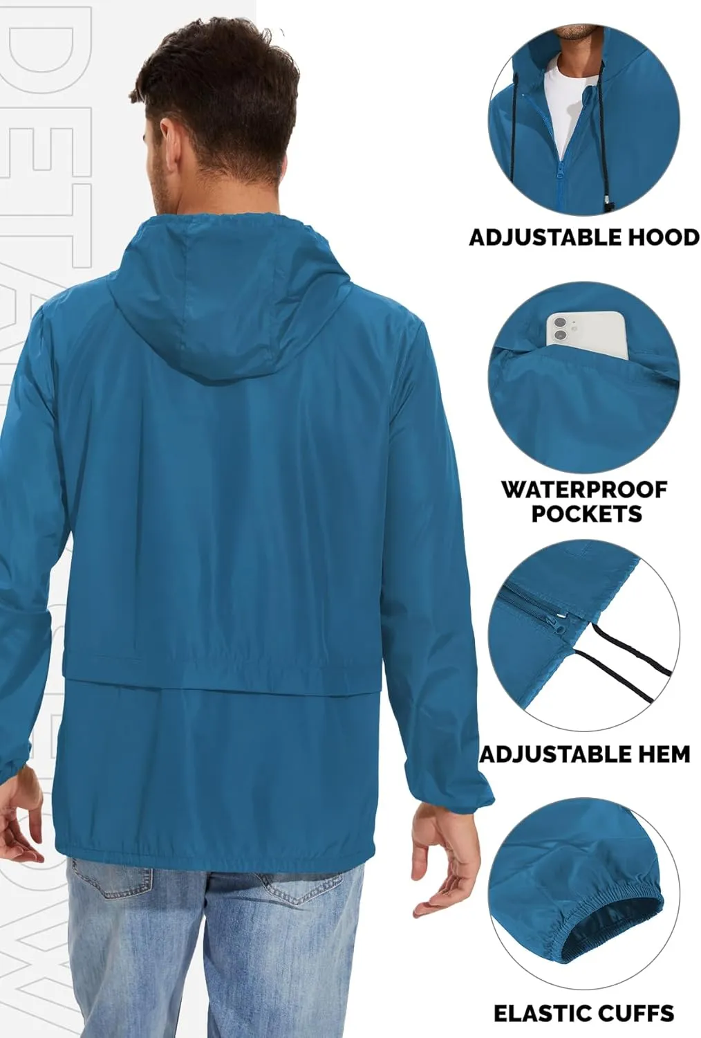 Zando Packable Mens Rain Jacket Lightweight Raincoat Waterproof with Hood Outdoor Windbreaker Jacket Travel Rain Jackets