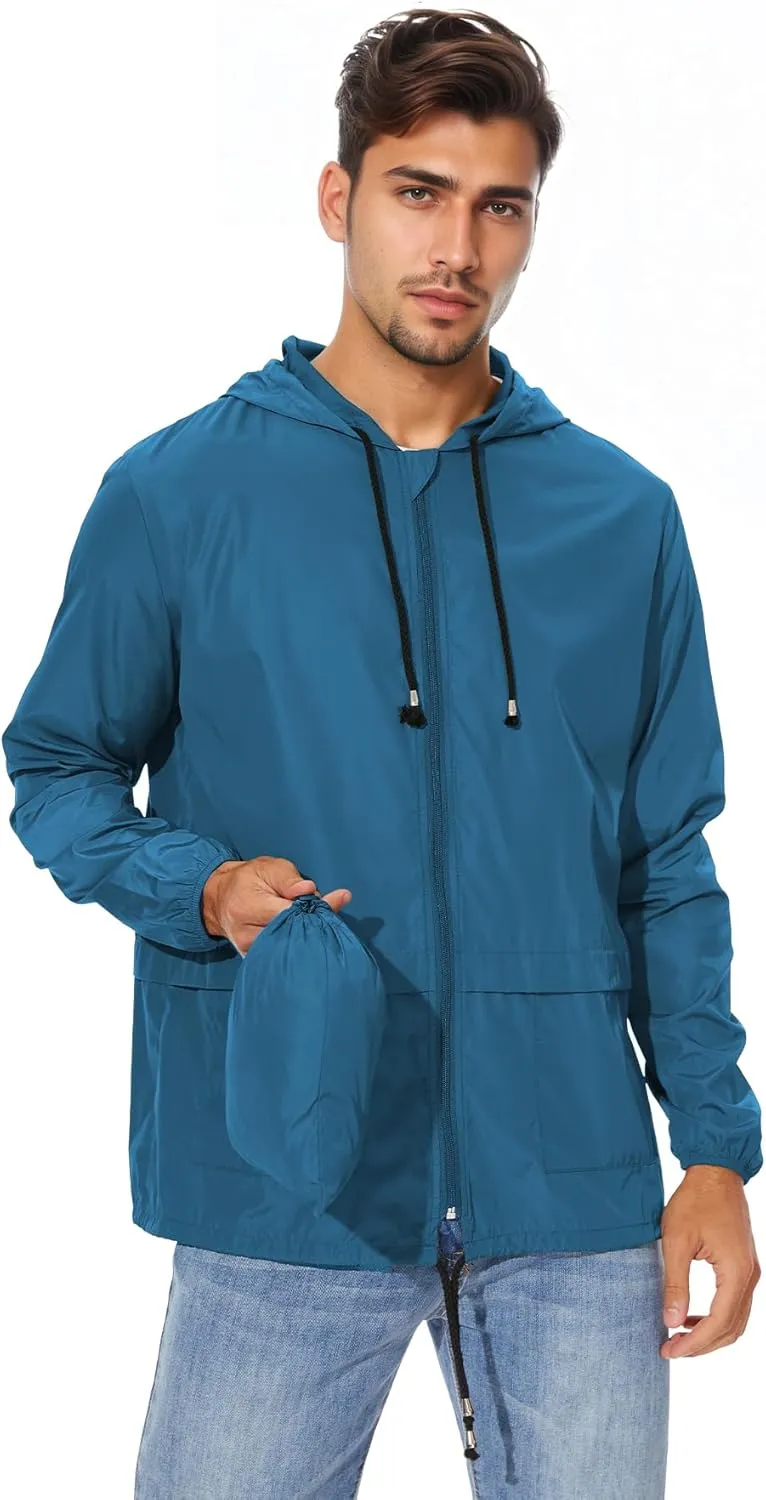 Zando Packable Mens Rain Jacket Lightweight Raincoat Waterproof with Hood Outdoor Windbreaker Jacket Travel Rain Jackets