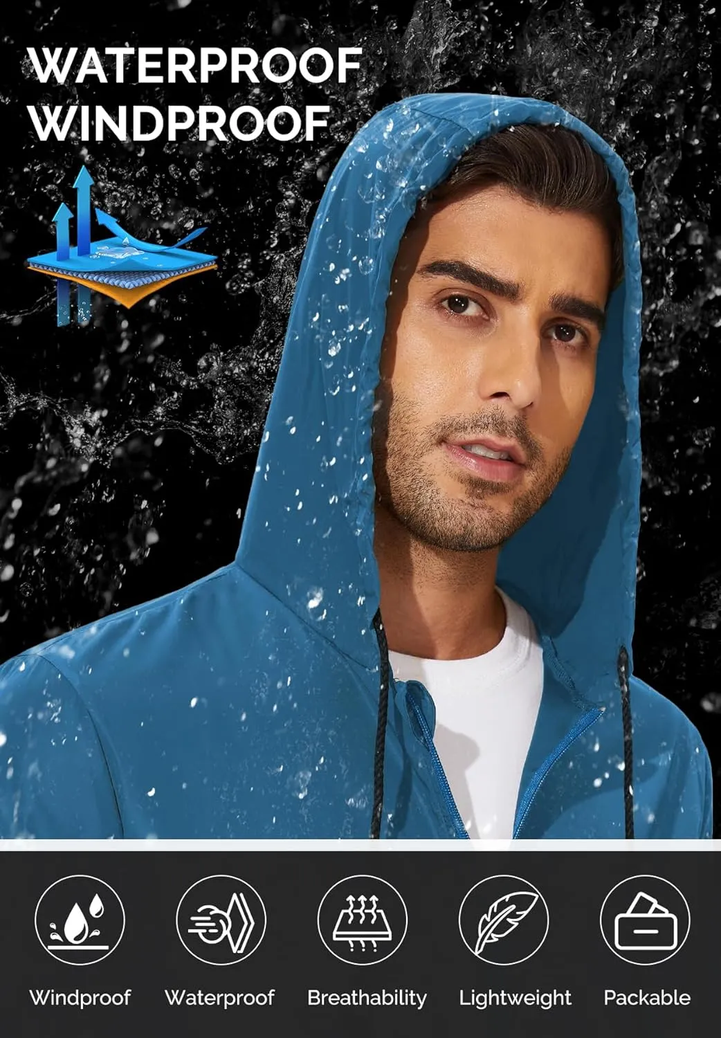 Zando Packable Mens Rain Jacket Lightweight Raincoat Waterproof with Hood Outdoor Windbreaker Jacket Travel Rain Jackets