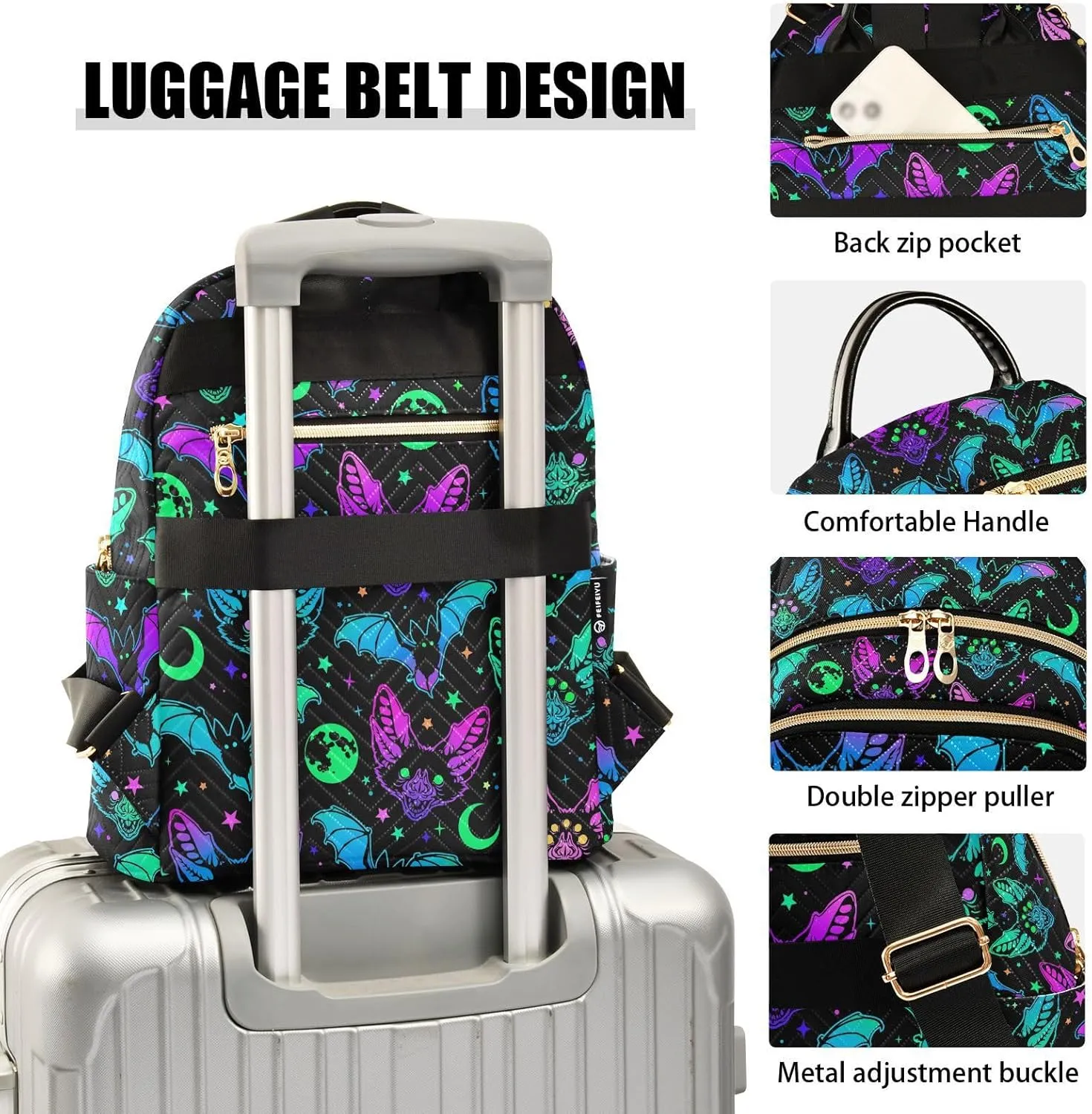 ZAZYXTJ Bat Magic Backpack Purse for Women Quilted Mini Fashion Backpacks Lightweight Travel Casual Backpack