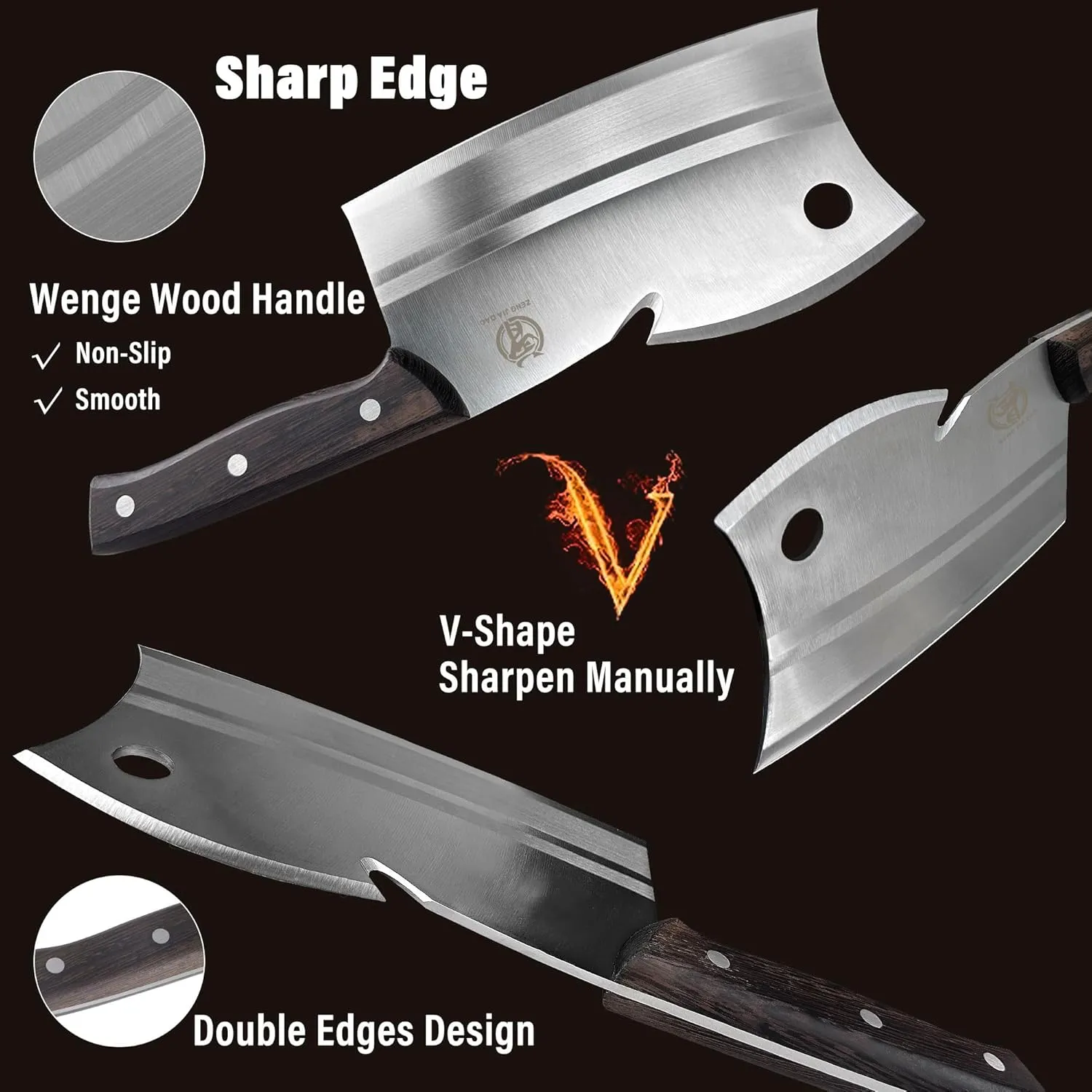 ZENG JIA DAO Meat Cleaver Bone Knife, Dual Edges Butcher Knife Multi-Purpose Kitchen Chopping Knife for Meat Cutting Chinese Chefs Knife with Ergonomic Wenge Wood Handle With Gift Box