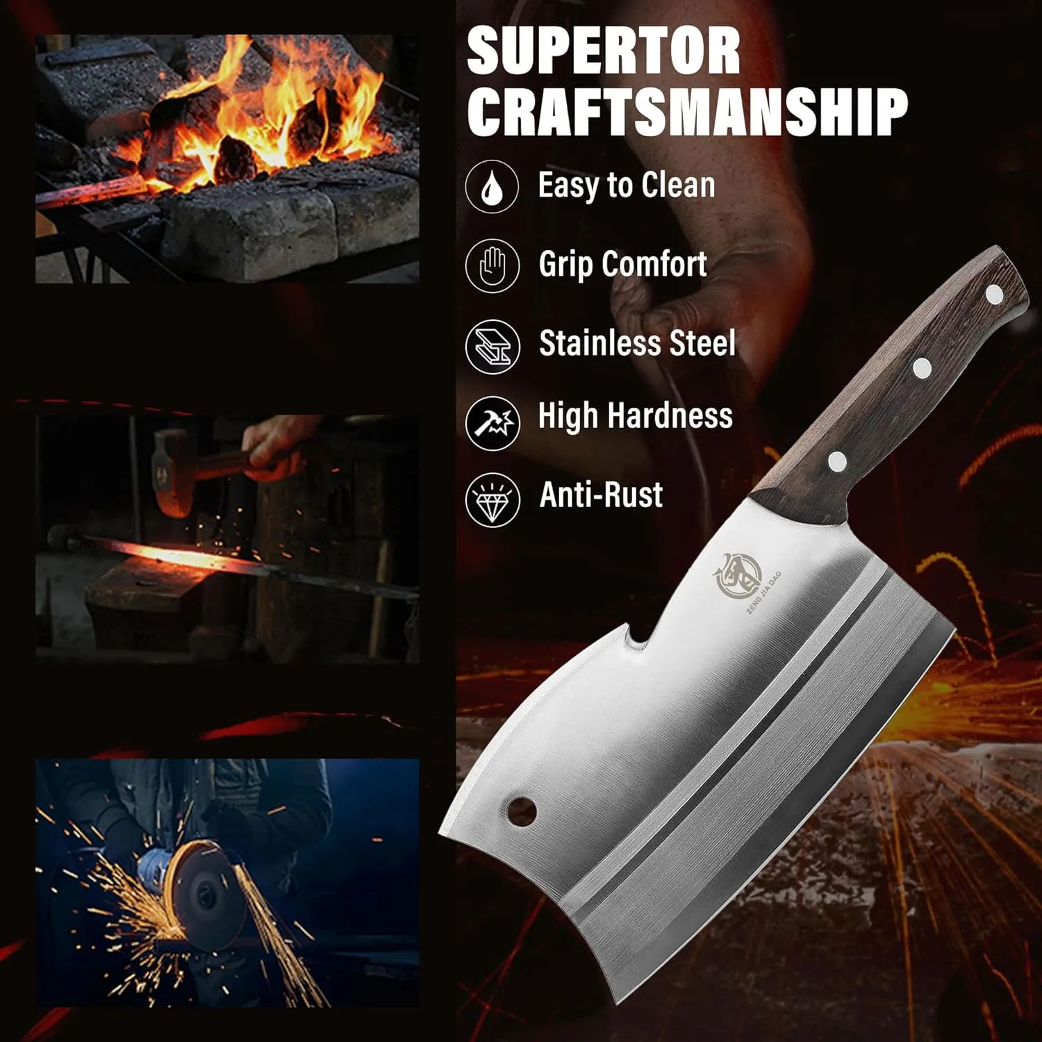 ZENG JIA DAO Meat Cleaver Bone Knife, Dual Edges Butcher Knife Multi-Purpose Kitchen Chopping Knife for Meat Cutting Chinese Chefs Knife with Ergonomic Wenge Wood Handle With Gift Box
