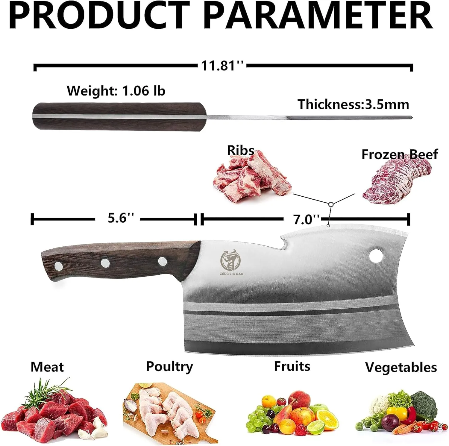 ZENG JIA DAO Meat Cleaver Bone Knife, Dual Edges Butcher Knife Multi-Purpose Kitchen Chopping Knife for Meat Cutting Chinese Chefs Knife with Ergonomic Wenge Wood Handle With Gift Box