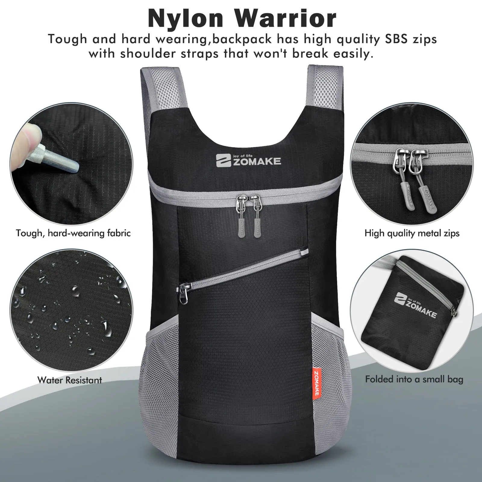 ZOMAKE Lightweight Packable Backpack 14L - Foldable Backpack Small Daypack Hiking Backpack Water-Resistant Day Bag for Travel(Black)