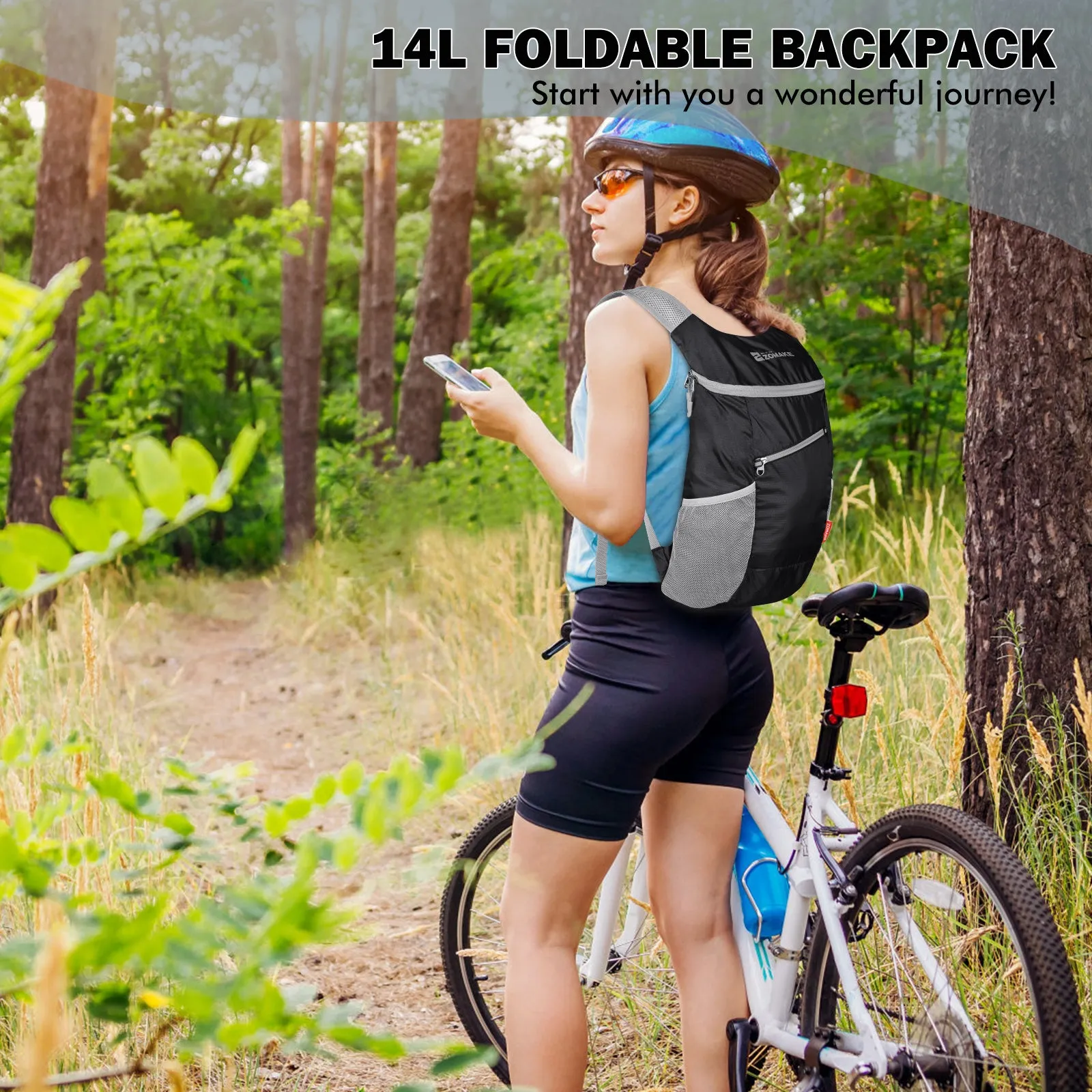 ZOMAKE Lightweight Packable Backpack 14L - Foldable Backpack Small Daypack Hiking Backpack Water-Resistant Day Bag for Travel(Black)