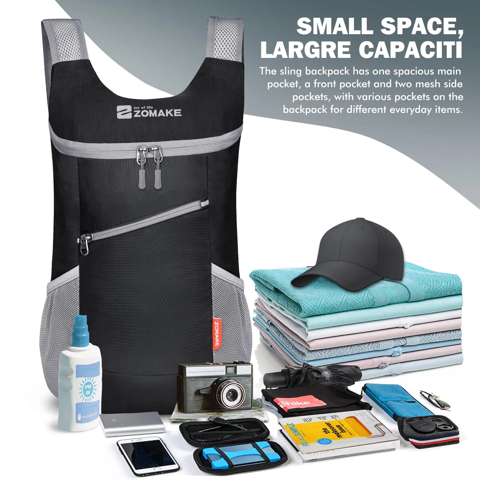 ZOMAKE Lightweight Packable Backpack 14L - Foldable Backpack Small Daypack Hiking Backpack Water-Resistant Day Bag for Travel(Black)