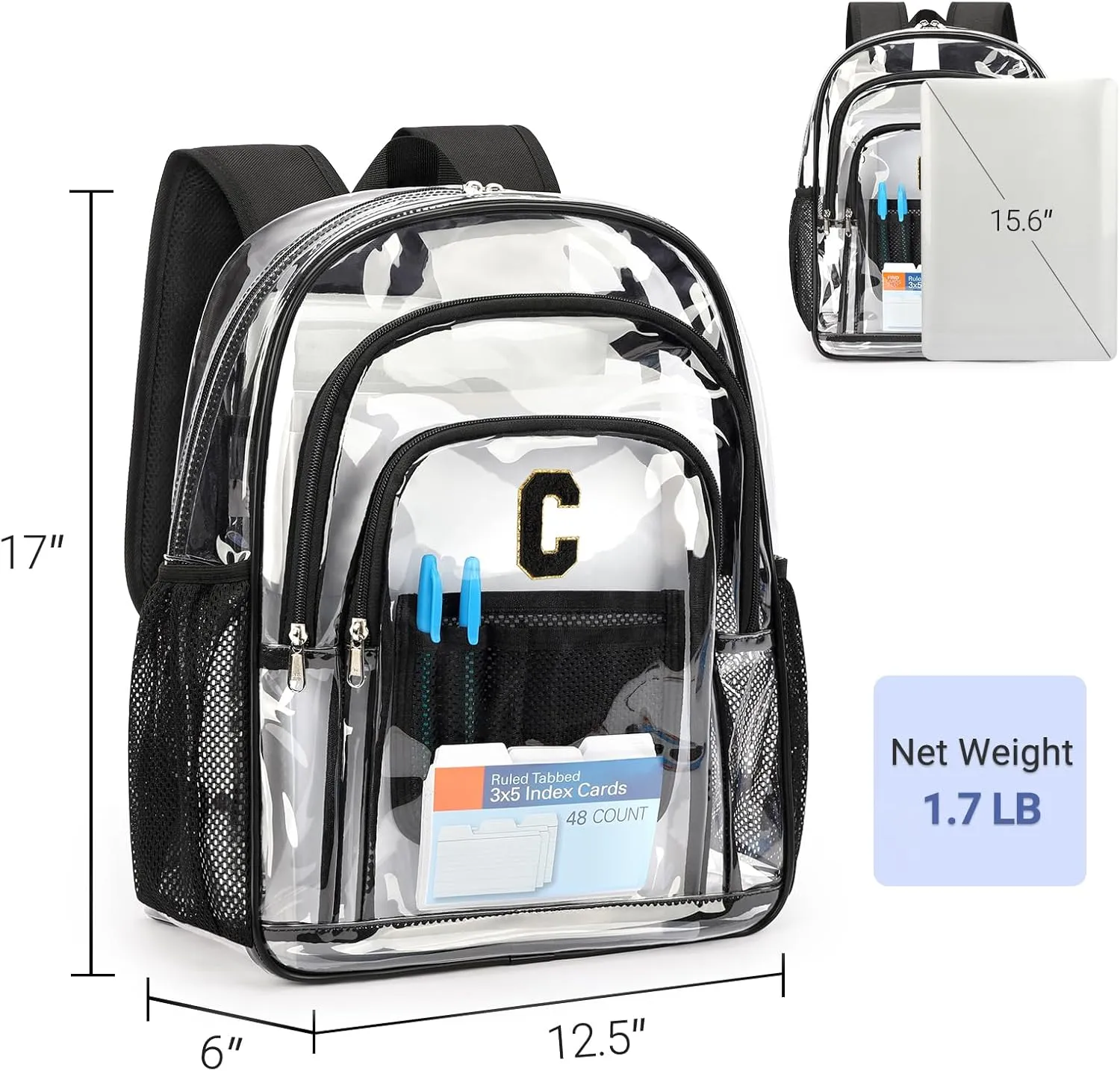 ZORFIN Clear Backpack for School: Large Clear Bookbag - Heavy Duty PVC Transparent Backpack for College Workplace Security Black C