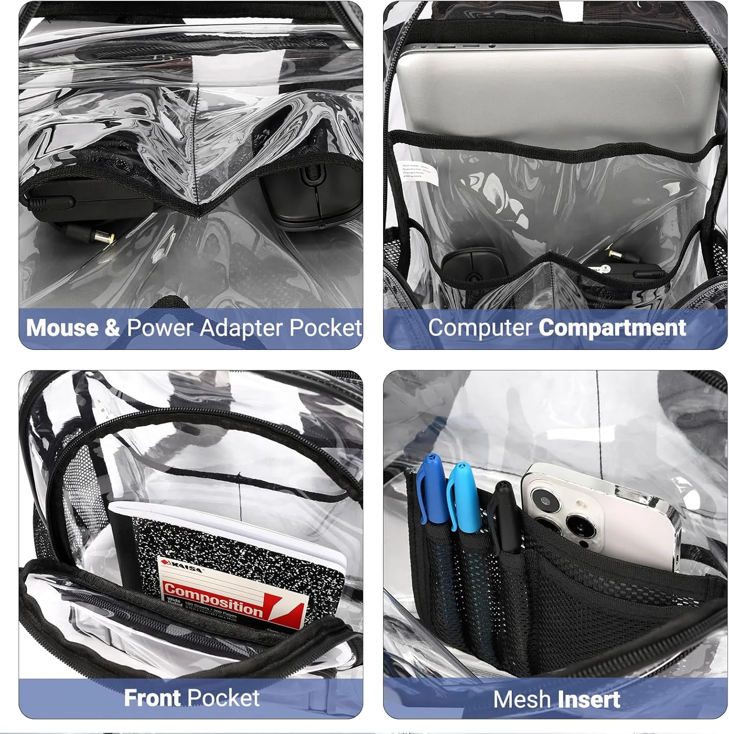 ZORFIN Clear Backpack for School: Large Clear Bookbag - Heavy Duty PVC Transparent Backpack for College Workplace Security Black C